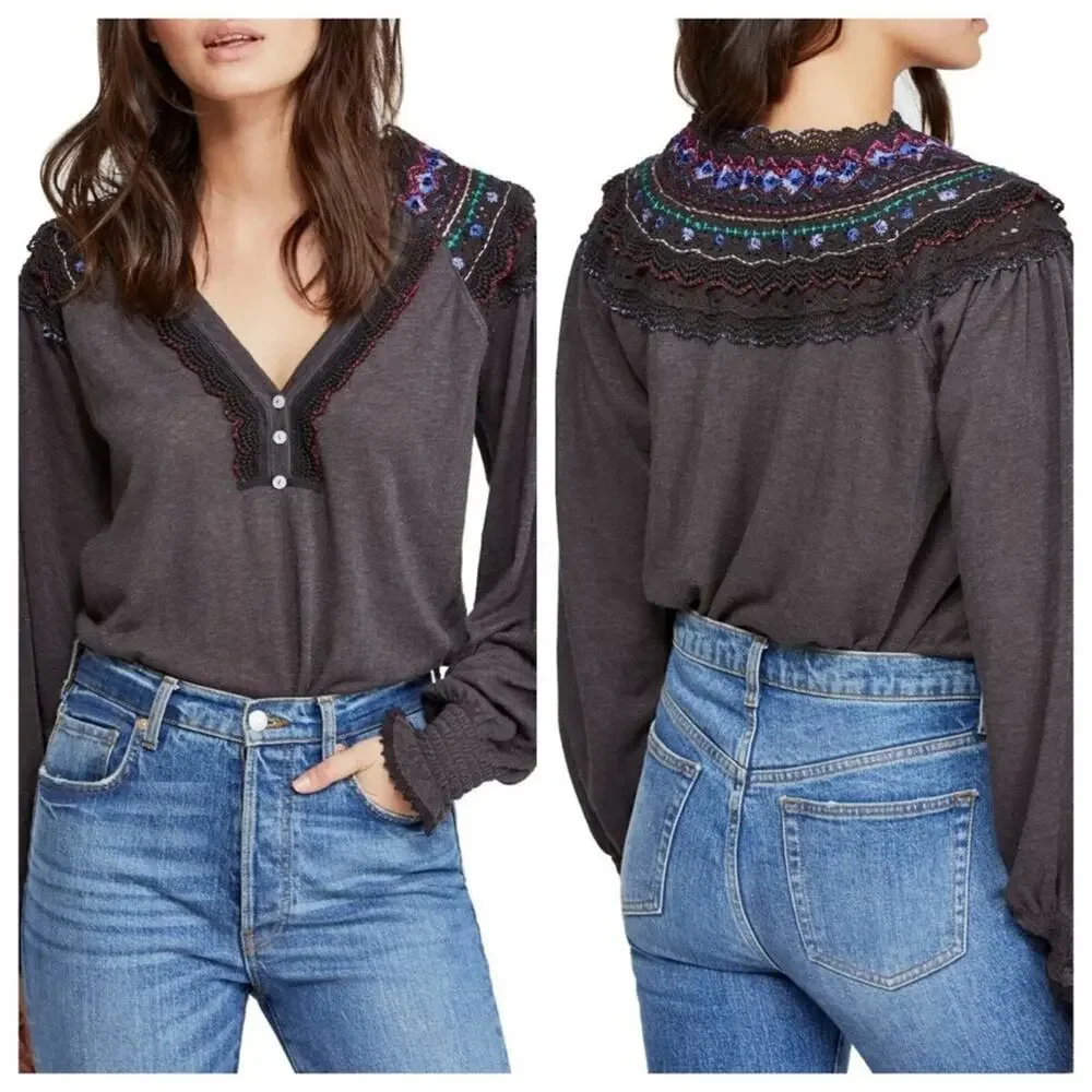 Free People Siesta Fiesta Crochet Top in Black Combo Size XS.